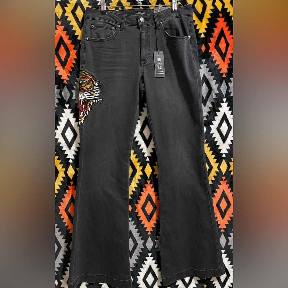 Ed Hardy Tiger Design Women's 30 Slim Flare Denim Jeans Black Distressed